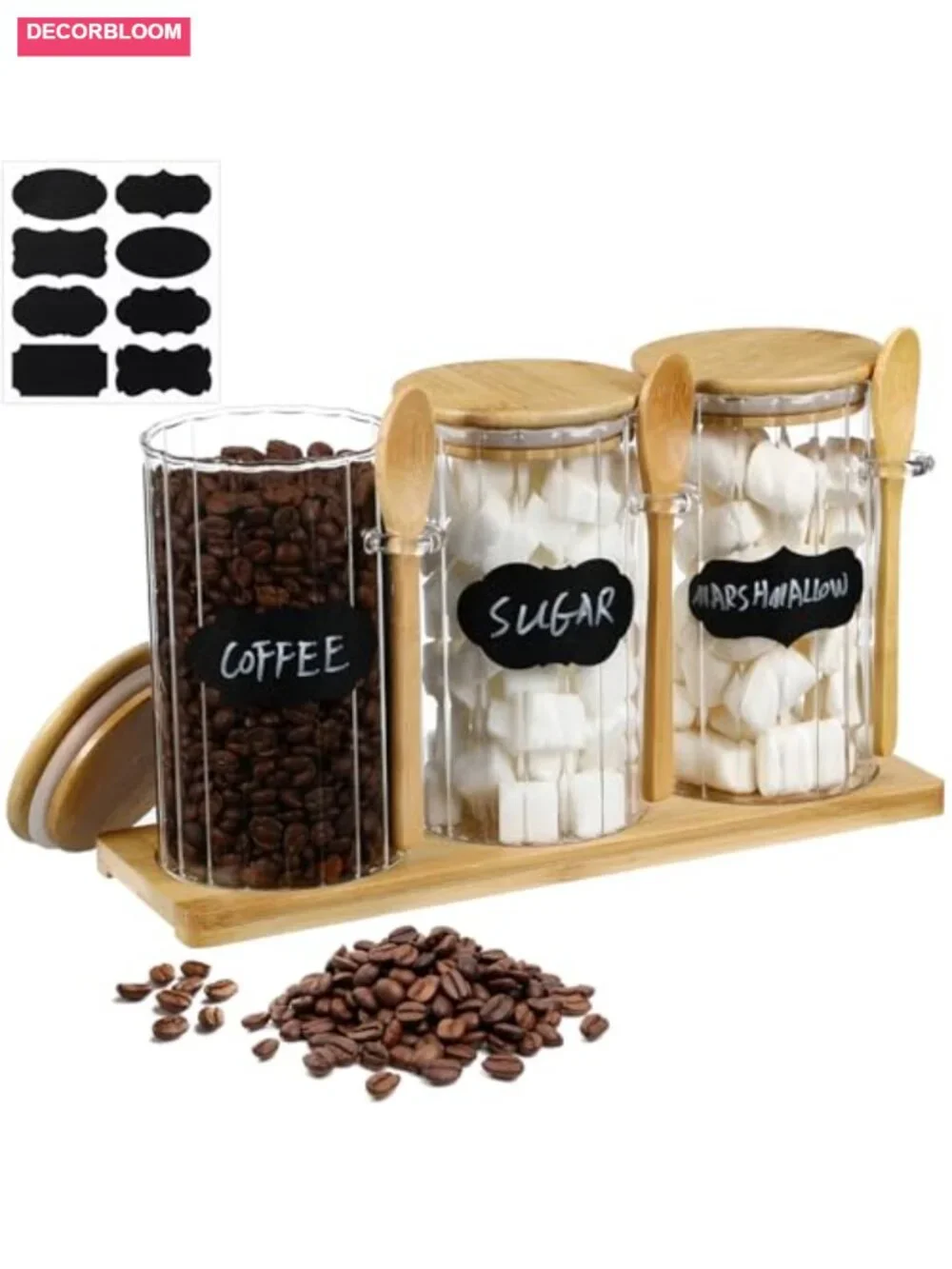 Set of 3 Glass Coffee Canister with Bamboo Lids & Spoons, Airtight Food Storage